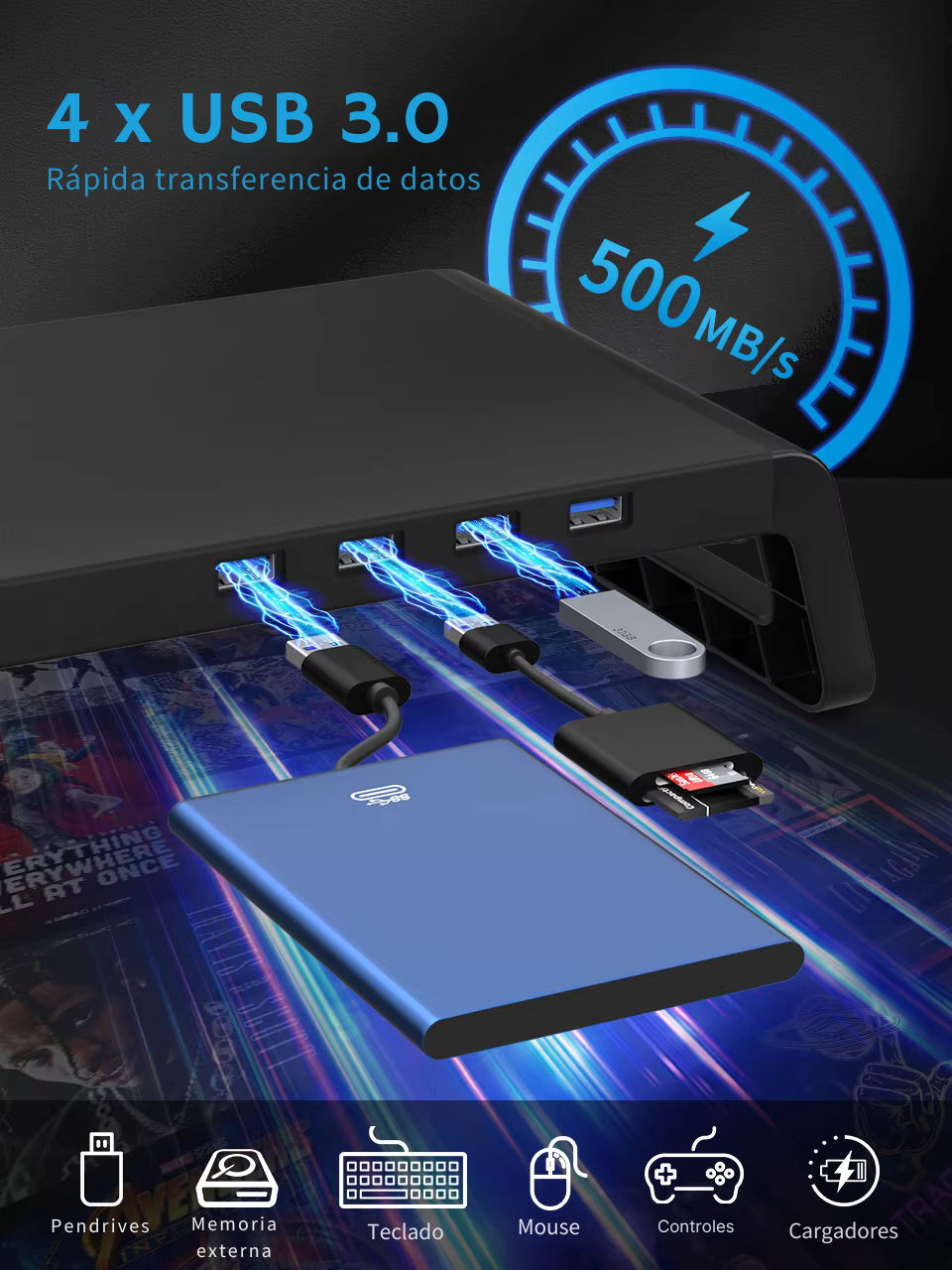 Soporte Elevador de Monitor y Laptop con 4 Puertos USB 3.0 – Aluminio Antideslizante y Diseño Ergonómico
