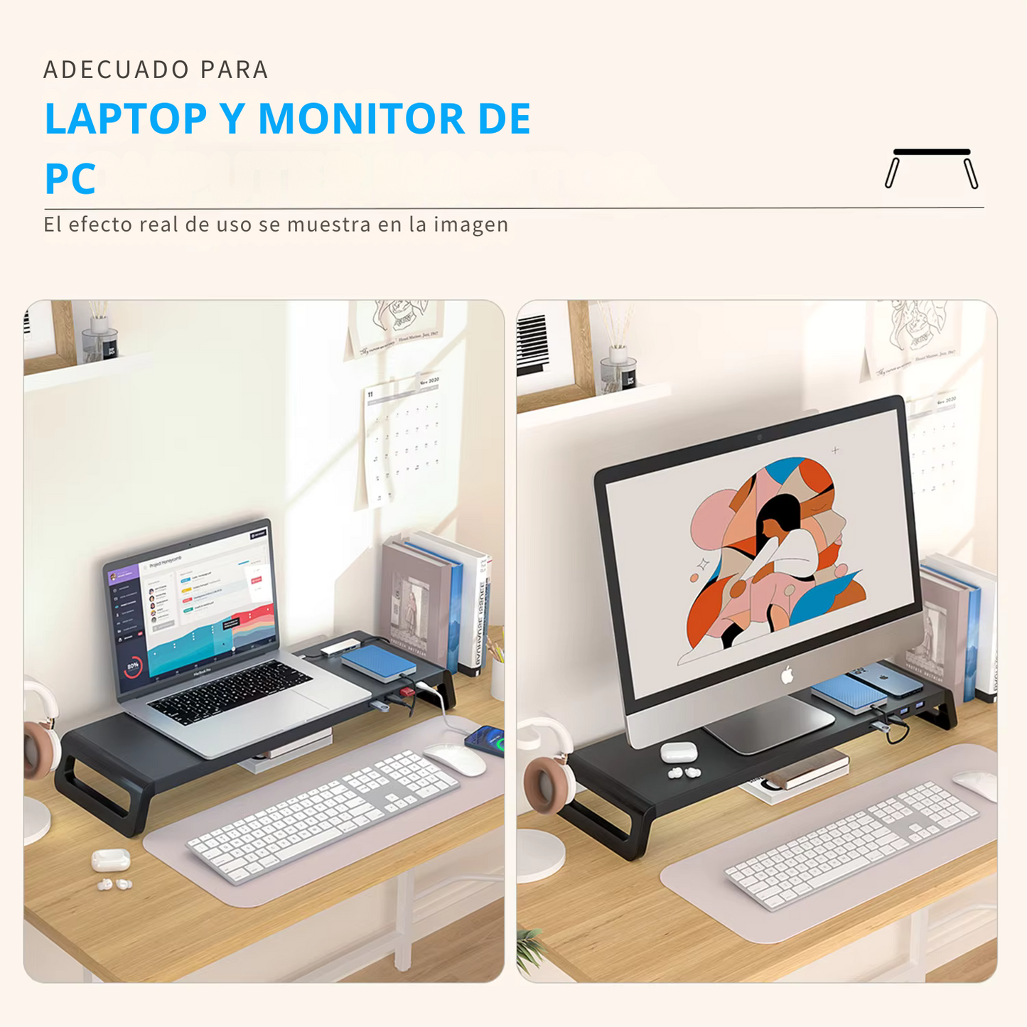 Soporte Elevador de Monitor y Laptop con 4 Puertos USB 3.0 – Aluminio Antideslizante y Diseño Ergonómico