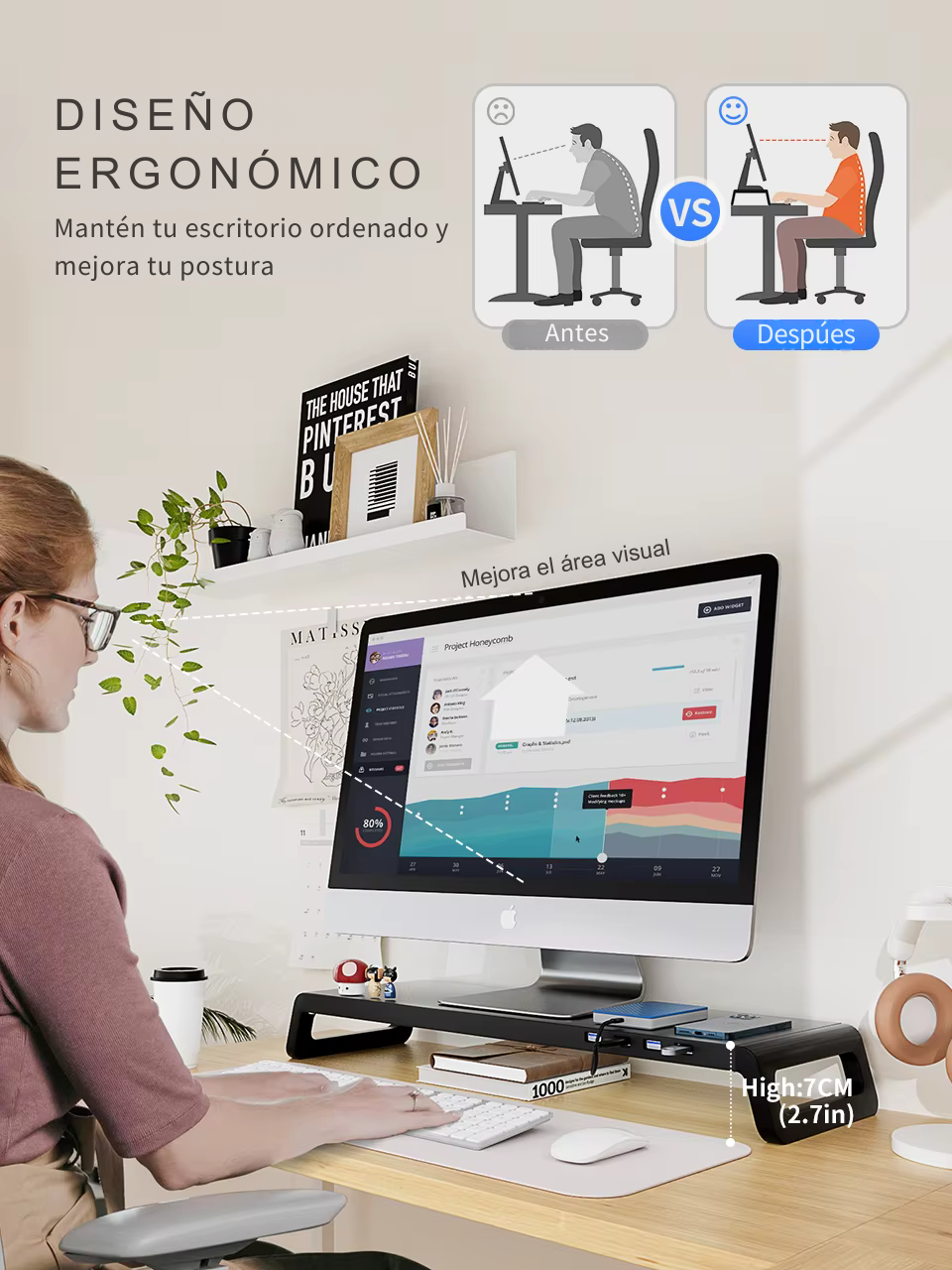 Soporte Elevador de Monitor y Laptop con 4 Puertos USB 3.0 – Aluminio Antideslizante y Diseño Ergonómico