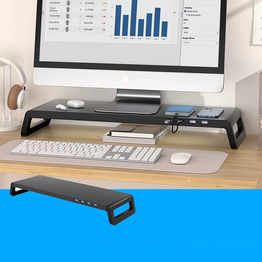Soporte Elevador de Monitor y Laptop con 4 Puertos USB 3.0 – Aluminio Antideslizante y Diseño Ergonómico