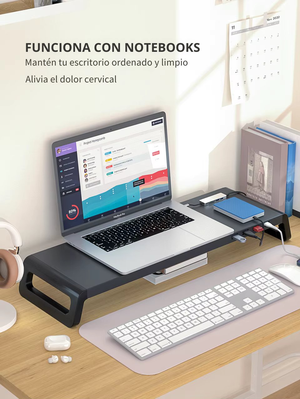 Soporte Elevador de Monitor y Laptop con 4 Puertos USB 3.0 – Aluminio Antideslizante y Diseño Ergonómico