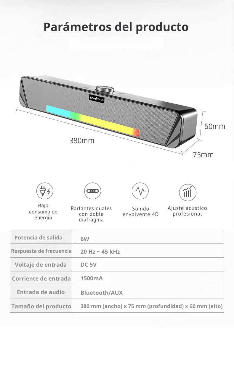 Barra de Sonido Thinkplus Bluetooth con Luces LED – Sonido Envolvente y Diseño Compacto