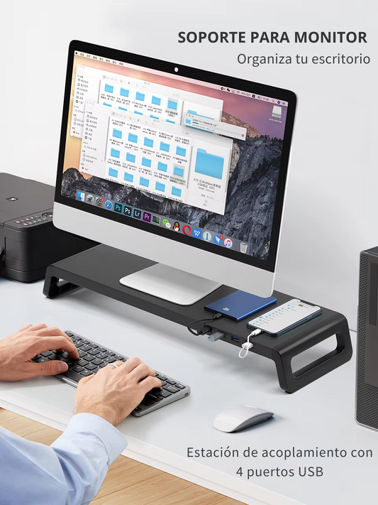 Soporte Elevador de Monitor y Laptop con 4 Puertos USB 3.0 – Aluminio Antideslizante y Diseño Ergonómico